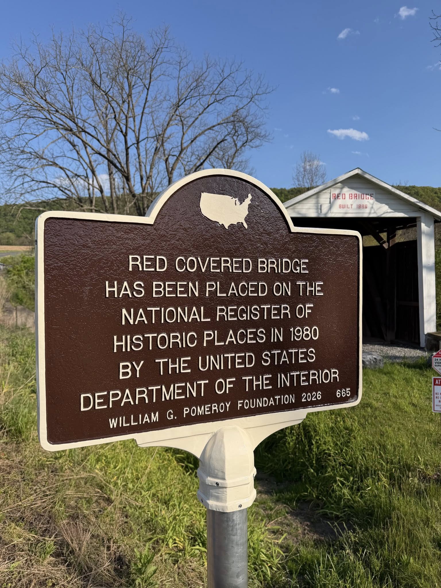 William G. Pomeroy Foundation marker for Red Covered Bridge placed on the National Register of Historic Places in 1980, Perry County, Pennsylvania